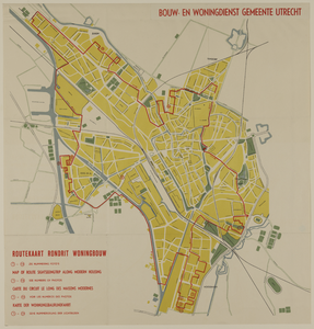 217357 Plattegrond van de stad Utrecht met daarop aangegeven de route langs diverse woningbouwprojecten in de gemeente ...